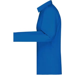 A blue button-up ladies shirt with a collared neckline and long sleeves, featuring a logo.