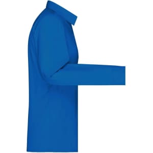 A bright blue ladies button-up shirt made of poplin fabric, featuring a collar and a side view. It has a logo.