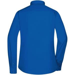 A blue button-up ladies' shirt with long sleeves and a classic collar, featuring a back view.