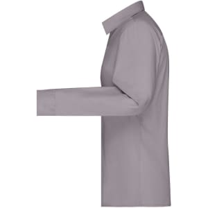 A side view of a ladies button-up shirt in a soft grey colour, featuring long sleeves and a classic collar.