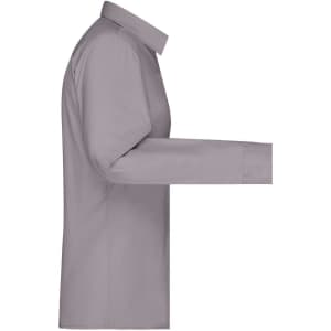 A side view of a ladies' long-sleeve poplin shirt in light grey, featuring a collar and button-up design.
