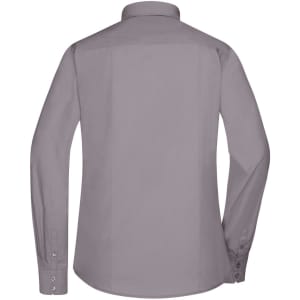 A grey button-up ladies shirt with long sleeves and a simple collar, featuring a logo on the back.