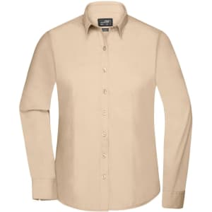 A beige button-up ladies' shirt with long sleeves and a collared neckline. The shirt features a logo on the tag.