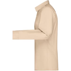 A ladies button-up shirt in beige poplin fabric, featuring long sleeves and a classic collar, with a logo.