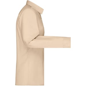 A beige button-up shirt with long sleeves and a pointed collar, featuring a branding logo.