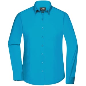 A turquoise long-sleeve button-up shirt with a collar and a branding logo on the label.