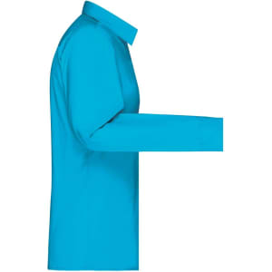 A bright blue button-up ladies' shirt featuring long sleeves and a collar, displayed from a side view.