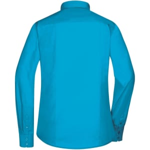 A blue button-up ladies shirt with long sleeves and a collar, shown from the back. Features a logo on the back.