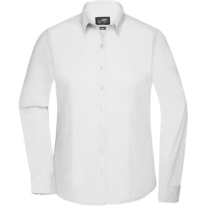 A white long-sleeve button-up shirt for ladies, featuring a standard collar and front buttons.