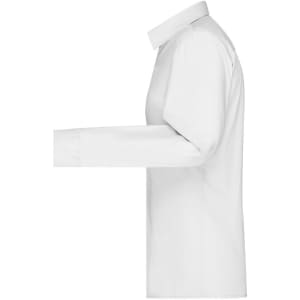 A white button-up shirt with long sleeves, featuring a collar and a side view. The shirt has a logo on it.