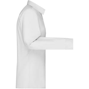 A white button-up shirt with long sleeves, featuring a standard collar and a side view. It has a logo on it.