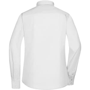 A white long-sleeved button-up shirt featuring a standard collar and a logo on the back.