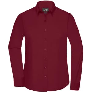 A burgundy ladies button-up shirt with long sleeves and a collar, featuring a logo.