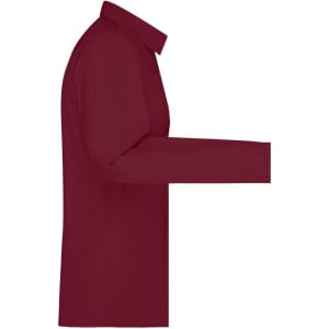 A maroon long-sleeve poplin button-up shirt with a collar and one arm extended. It features a logo on the side.