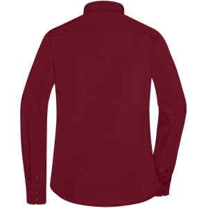 A maroon ladies' button-up shirt with long sleeves, featuring a collar and a logo on the back.