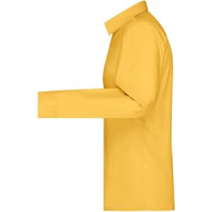 A yellow button-up shirt with long sleeves and a collar, featuring a logo on the side.