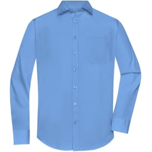 A light blue long-sleeve poplin button-up shirt with a single chest pocket and a collar. Features branding.