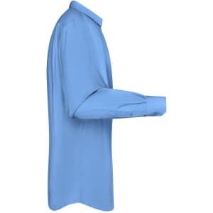 Light blue long-sleeve button-up shirt displayed from the side, featuring a collar and a logo.