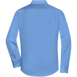 A light blue long-sleeved button-up shirt displayed from the back, featuring a collar and buttoned cuffs.