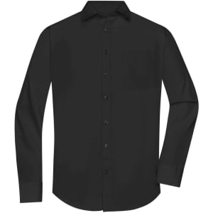 A black long-sleeve button-up shirt with a breast pocket and a collar, featuring a logo.