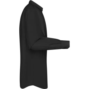 A black men's button-up shirt in poplin fabric, displaying a side view with a long sleeve and collar.