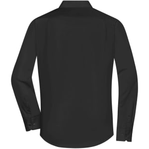 A black long-sleeve button-up shirt with a smooth finish and cuffed sleeves, featuring a branding logo.