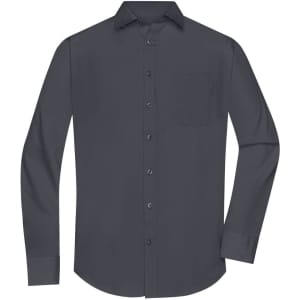 A men's long-sleeve button-up shirt in dark grey with a front pocket and a sleek design.
