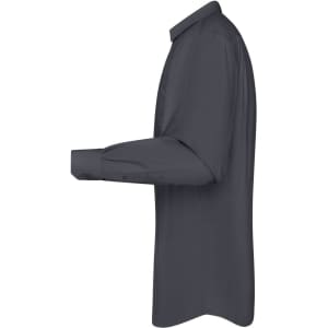 A dark grey long-sleeve button-up shirt with a collar and cuff detailing, featuring a logo.