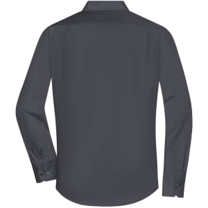 A grey long-sleeve button-up shirt from the back, featuring a collar and branded logo.