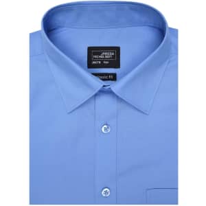 A light blue long-sleeve poplin button-up shirt with a collar and a logo on the tag.