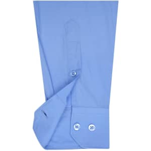 A light blue button-up shirt with cuff detailing and two buttons on the sleeve. Features a logo.