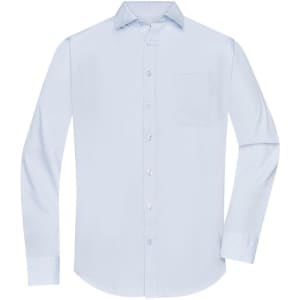 A light blue long-sleeve button-up shirt with a chest pocket and a logo on it.