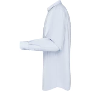 A light blue button-up shirt with long sleeves and a collar, featuring a subtle logo.