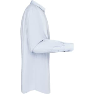 A light blue button-up shirt with long sleeves displayed from the side, featuring a collar and button cuffs.