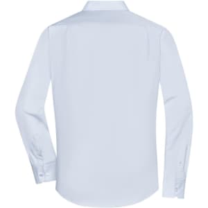 A light blue long-sleeve button-up shirt with a classic collar and a logo on the back.