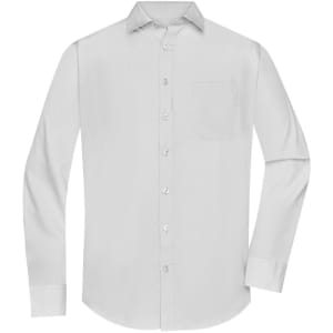 A long-sleeved, button-up shirt in white with a pocket on the chest and a subtle logo.