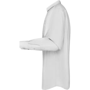 A white long-sleeve button-up shirt displayed in a side view, featuring a collar and button cuffs.