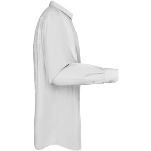 A white long-sleeved button-up shirt with a collar and a logo on the sleeve.