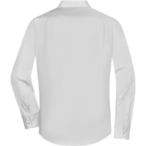 A white long-sleeve button-up shirt featuring a standard collar and a plain design, with a logo on the back.