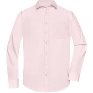 A light pink long-sleeve button-up shirt featuring a pocket and a subtle logo.