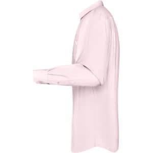 A light pink long-sleeve button-up shirt displayed from the side, featuring a classic collar and a logo.