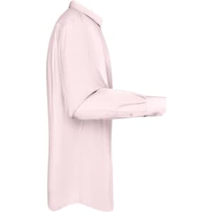 A light pink button-up men's shirt displayed from the side, featuring long sleeves and a collar.