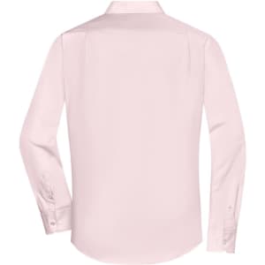 A light pink long-sleeved button-up shirt with a collar and buttoned cuffs, featuring a logo.