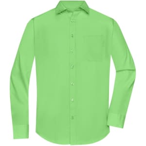 A long-sleeve button-up shirt in vibrant green with a single chest pocket and a logo on the label.