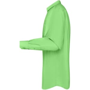 A green long-sleeved button-up shirt with a collar and buttoned cuffs, featuring a logo.
