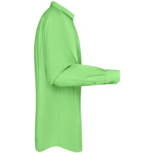 A long-sleeved button-up shirt in vibrant green, featuring a collar and a single sleeve visible. It has a logo.