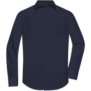 A navy blue long-sleeve button-up shirt with a single chest pocket and branding.