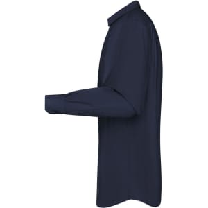 A navy blue long-sleeve button-up shirt displayed from the side, featuring a collar and a single logo.