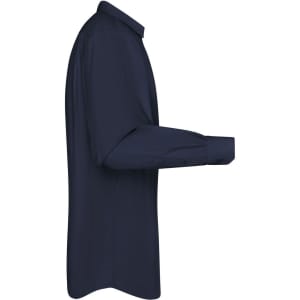 A navy blue men's long-sleeve poplin shirt displayed from the side, featuring a button-up design and a logo.