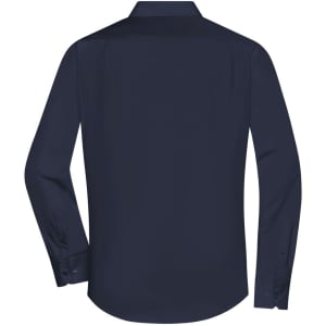 A navy blue long-sleeved poplin shirt with a button-up collar and a branded logo on the back.